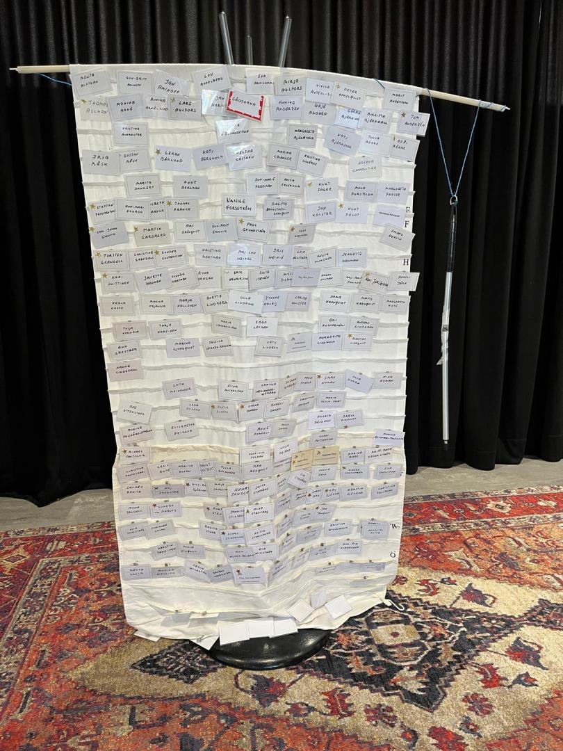 Bilden illustrerar Gäddornas geniala ide att alla medlemmar har en egen namnlapp. 